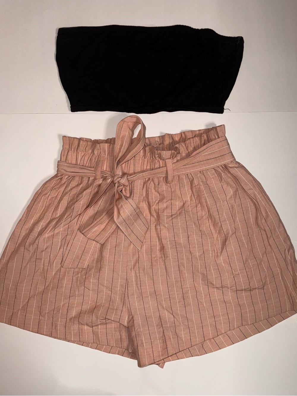 Zaful High Waist Paperbag Tie Stripe Shorts in Blush Pink